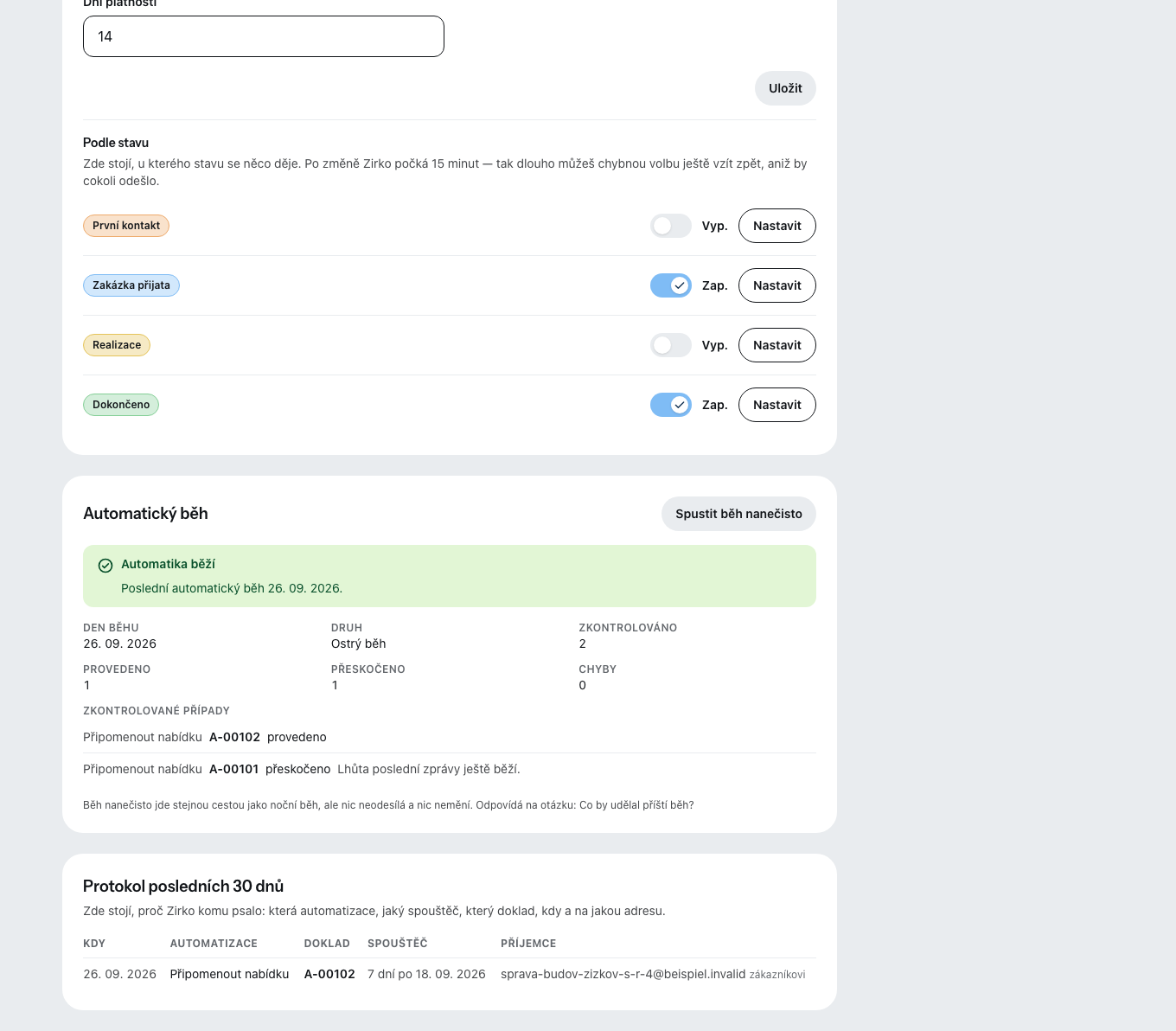 Záložka „Automatizace“ — u každé automatiky vypínač, pod tím protokol běhů