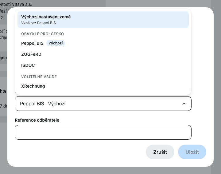 Rozbalený výběr formátu u zákazníka