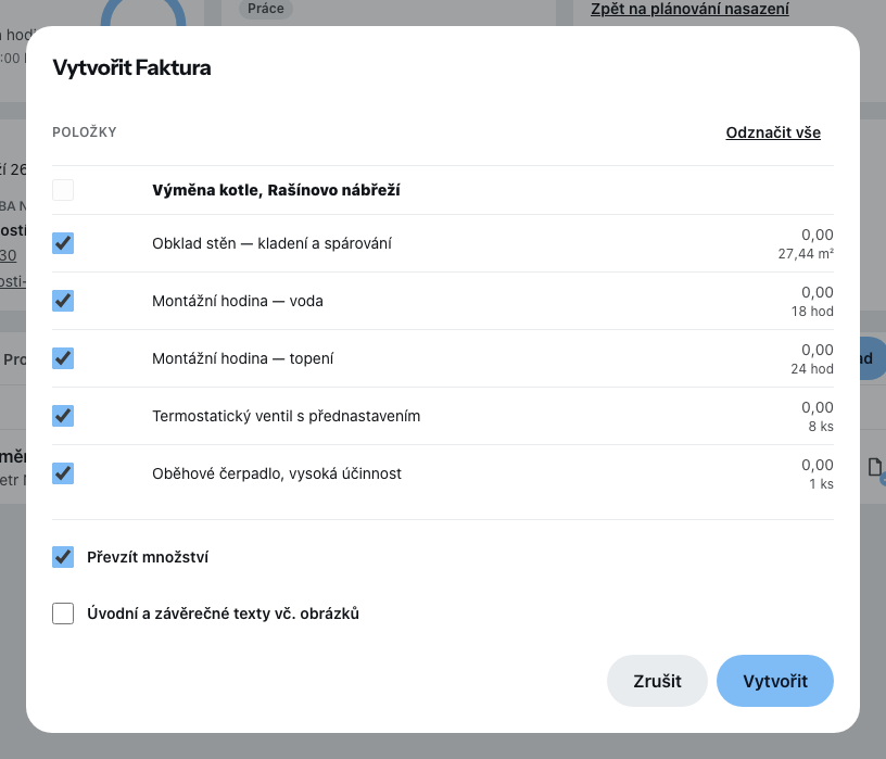 Dialog pro vytvoření faktury z nabídky Vytvořit navazující doklad, s výběrem položek