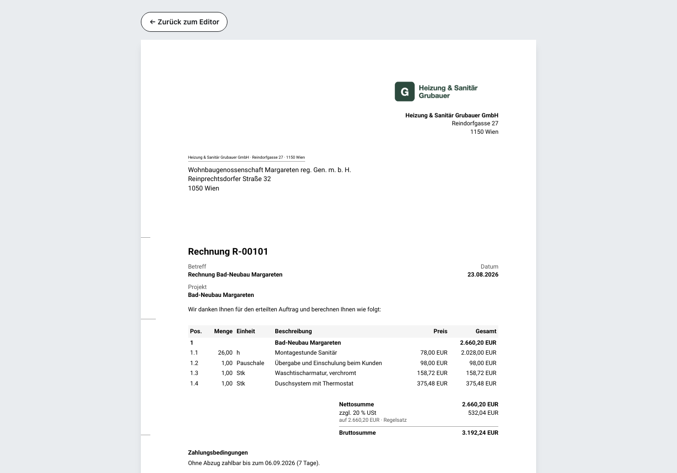 Die Vorschau des fertigen Belegs
