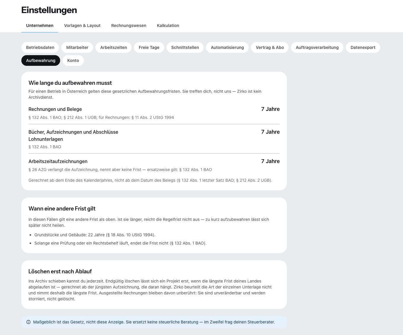 Der Unterpunkt Aufbewahrung: je Art von Unterlagen die Frist und die Vorschrift dazu