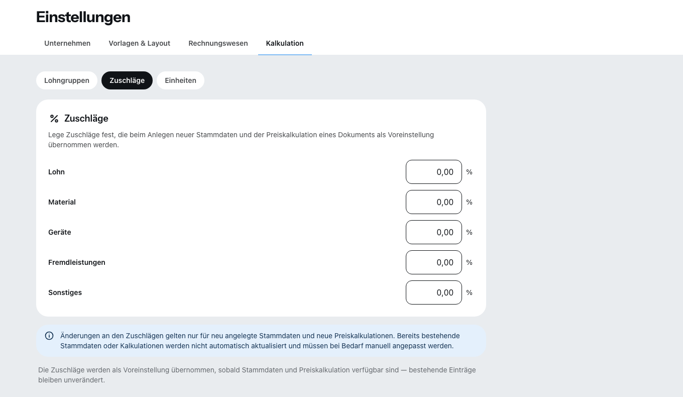 Der Unterpunkt Zuschläge: je Kostenart ein Aufschlag in Prozent