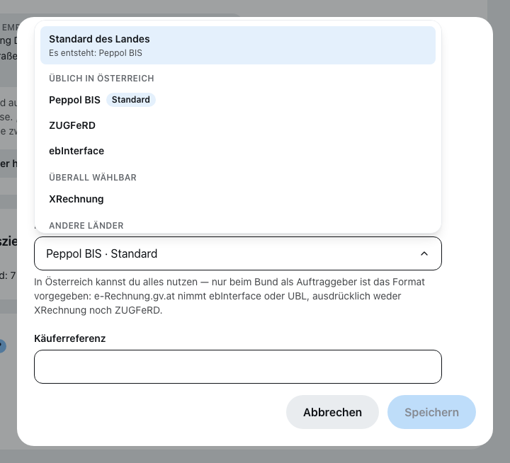 Die aufgeklappte Formatauswahl am Kunden