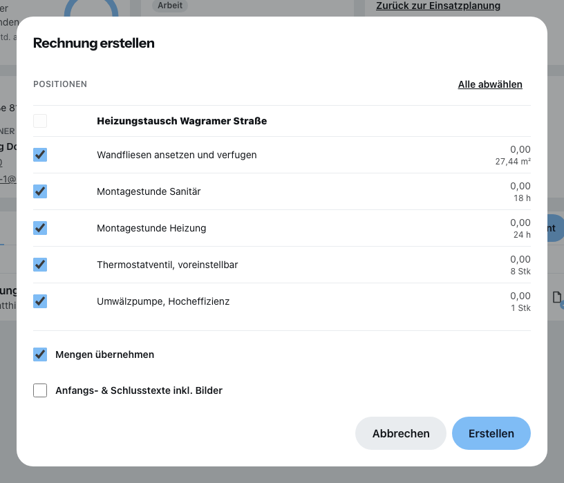 Der Dialog zum Erstellen der Rechnung aus Zusammenhängend erstellen, mit der Auswahl der Positionen