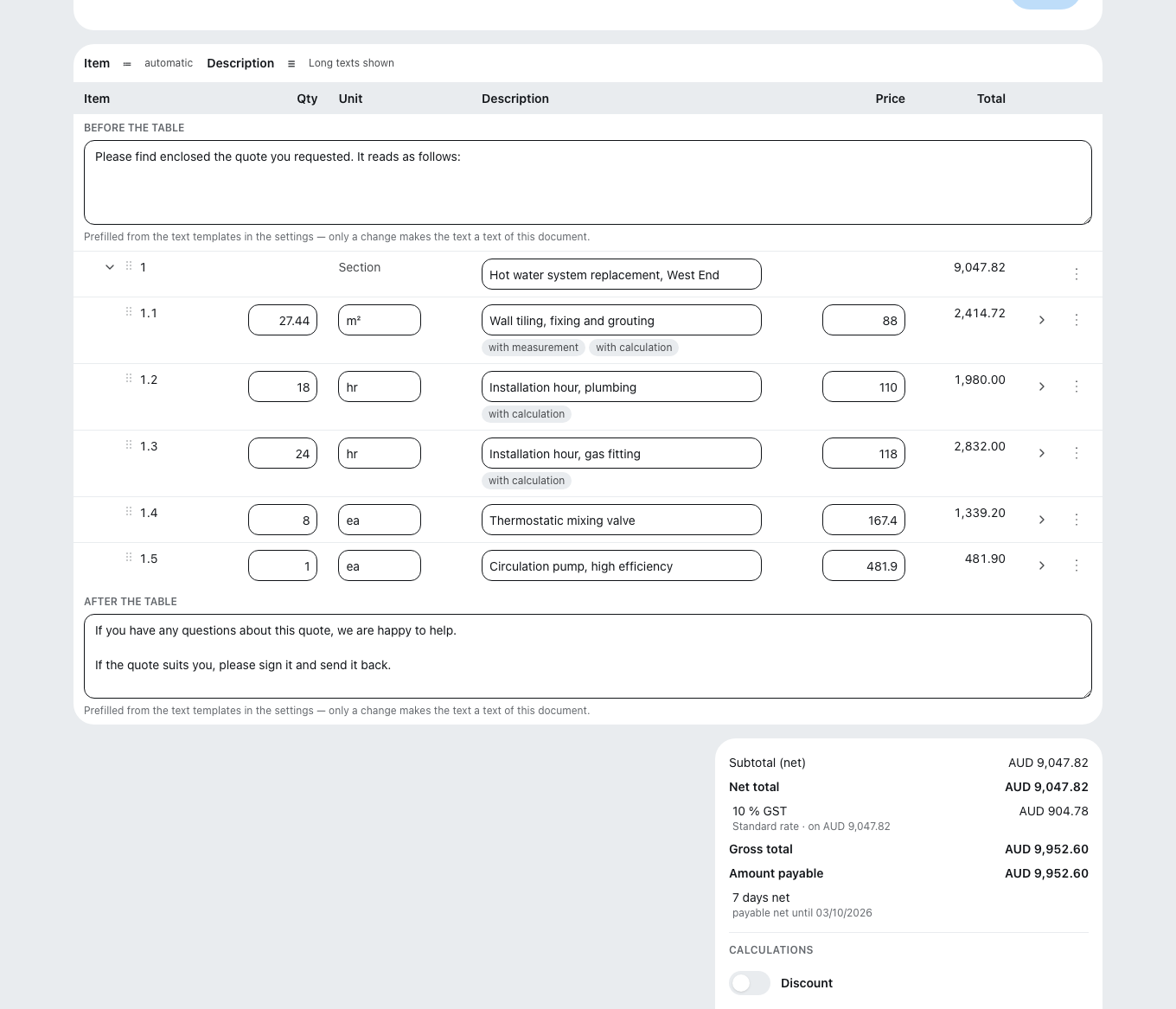 The document editor with line items and totals
