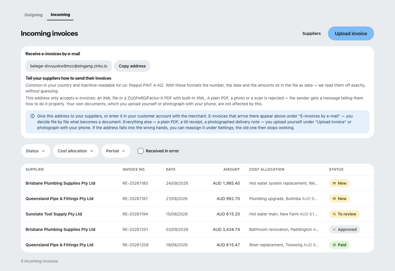 Incoming invoices in Zirko