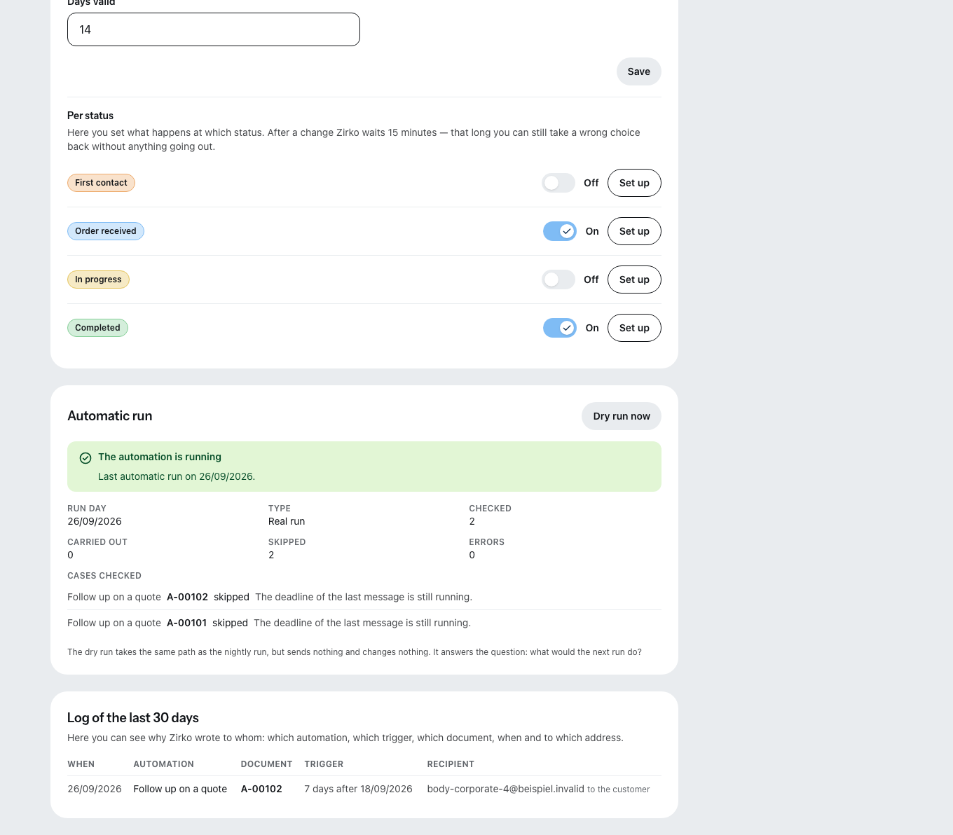The Automation tab — one switch per automation, with the run log below