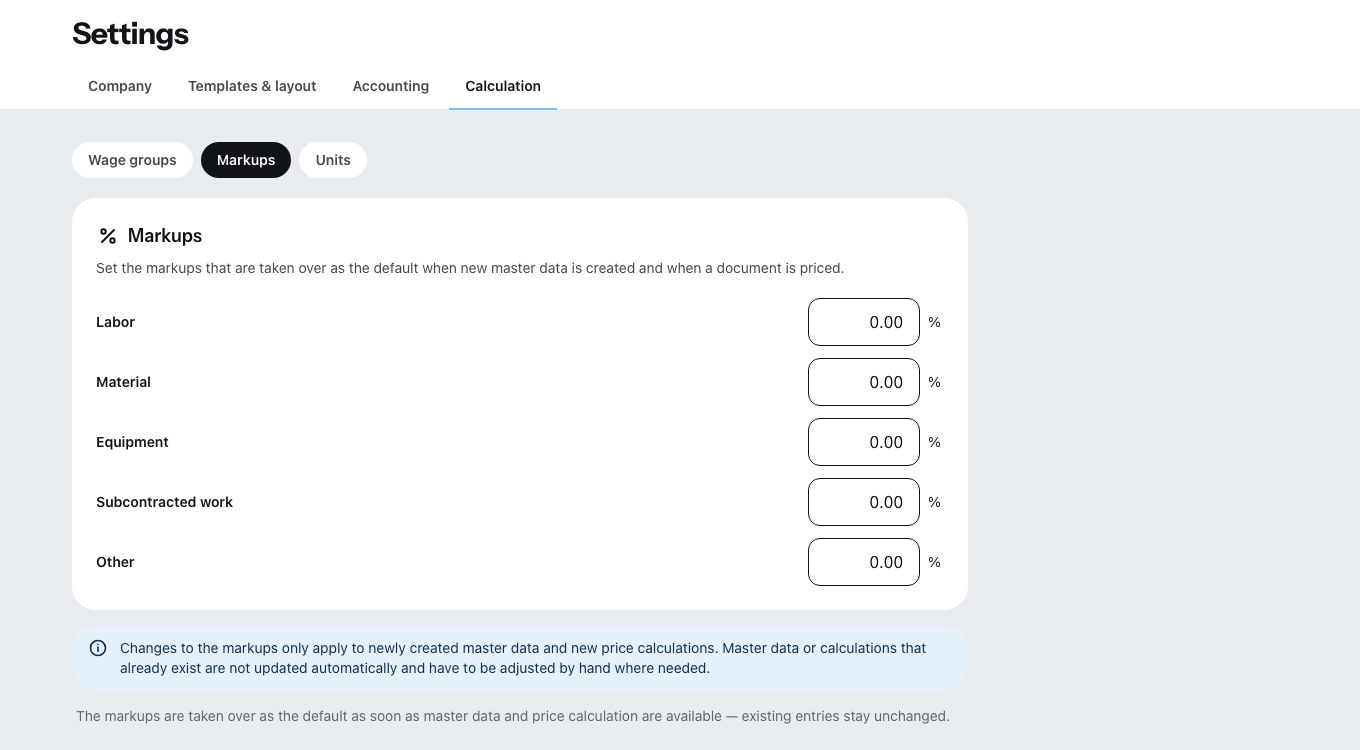 The Markups section: a percentage markup for each cost type