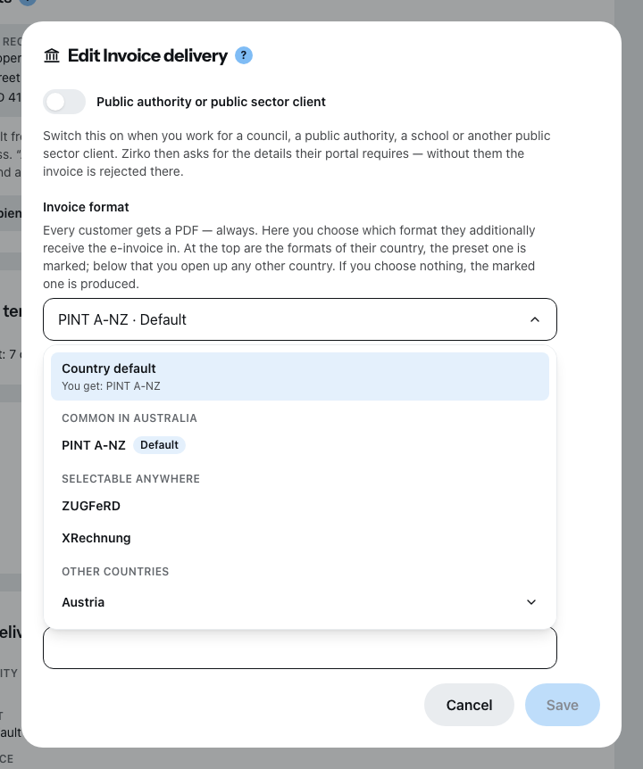 The invoice format picker open on a customer