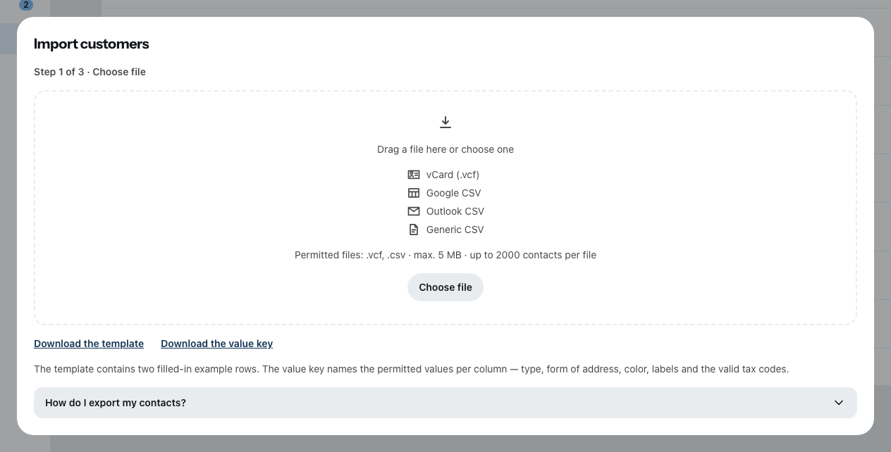 The Import customers dialog at its first step: Choose file