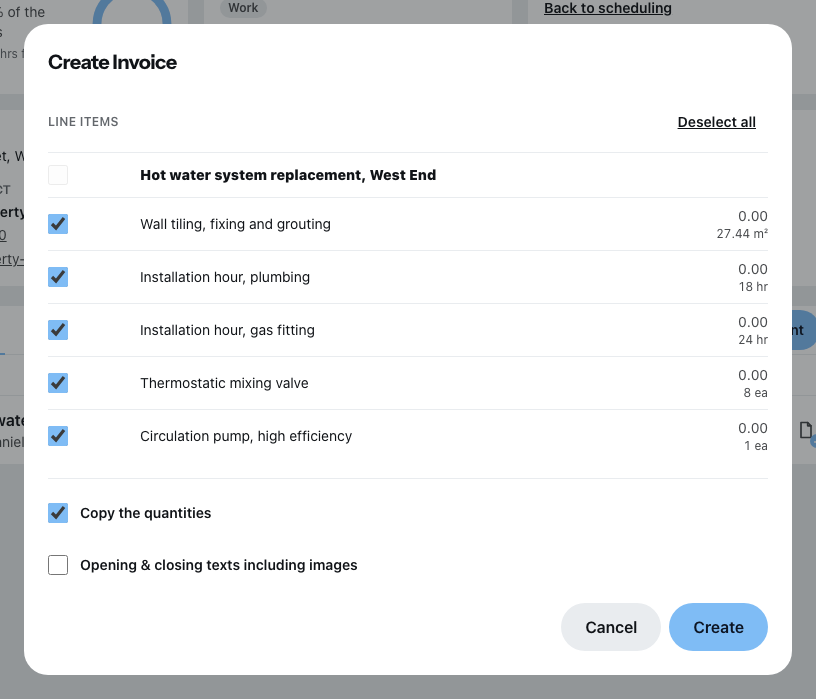 The dialog for creating the invoice from Create a linked document, with the line items to carry over