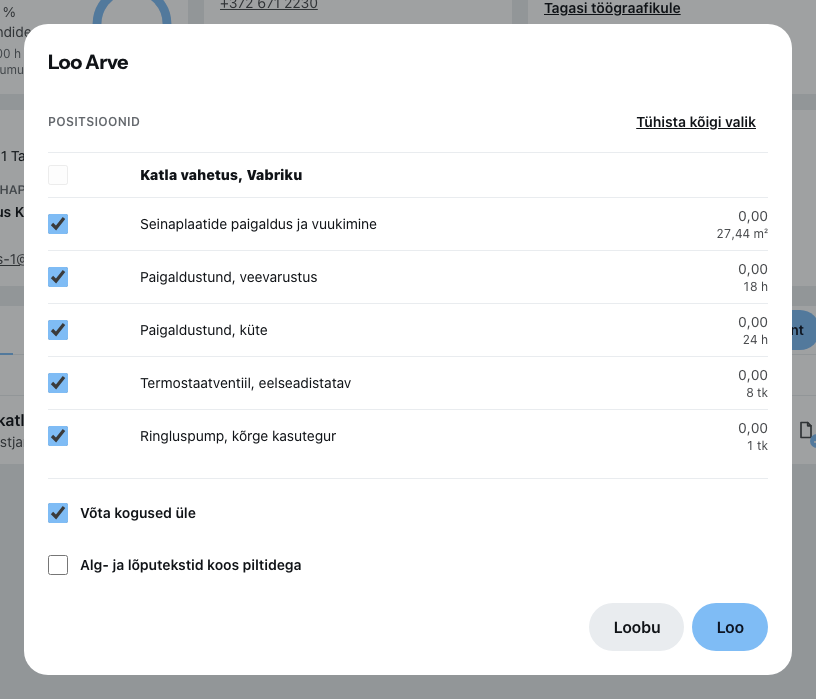 Arve loomise dialoog menüüst Loo seotuna, positsioonide valikuga
