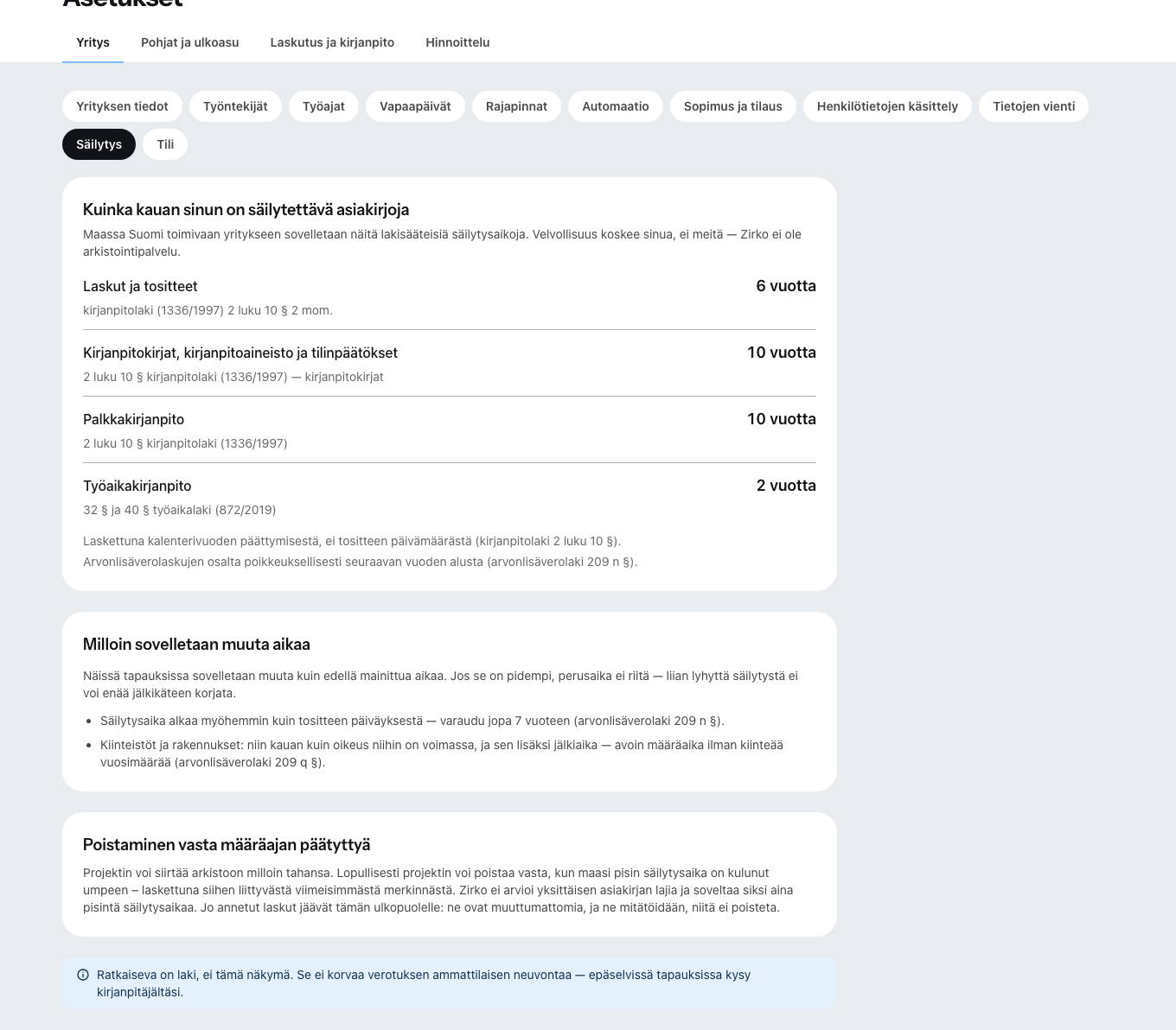 Säilytys-osio: kunkin asiakirjalajin säilytysaika ja sen peruste