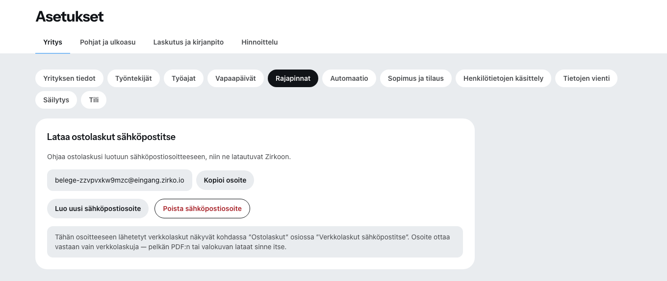 Rajapinnat-välilehti asetuksissa