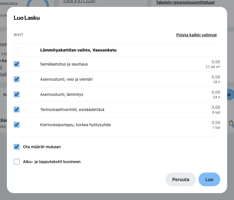 Laskun luontidialogi valikosta Luo jatkoasiakirja, rivien valinnan kanssa
