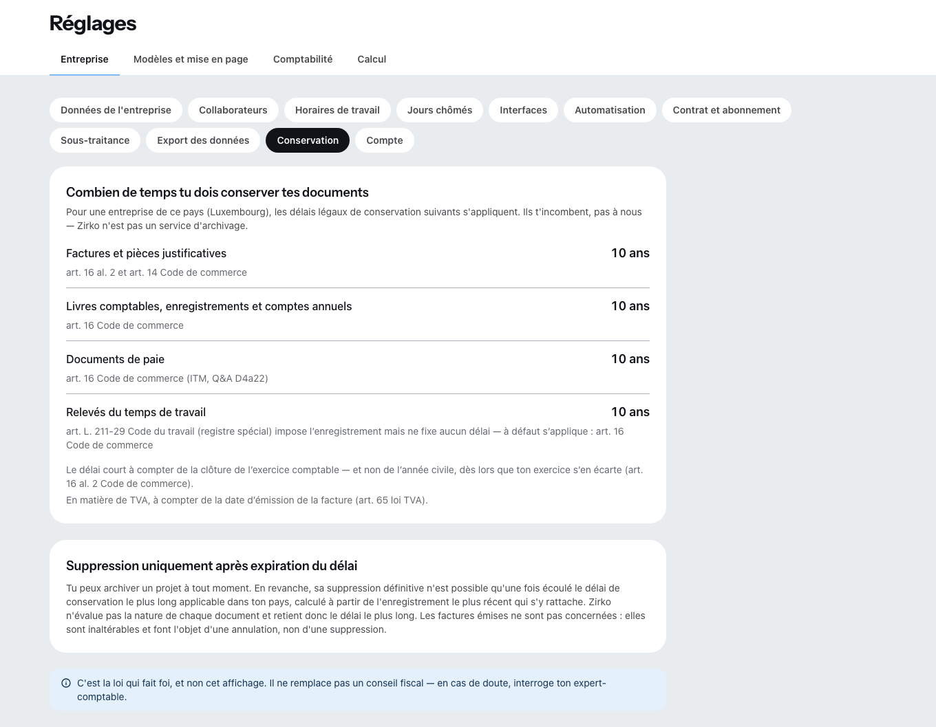 La rubrique Conservation : pour chaque type de document, la durée et la règle qui la fixe