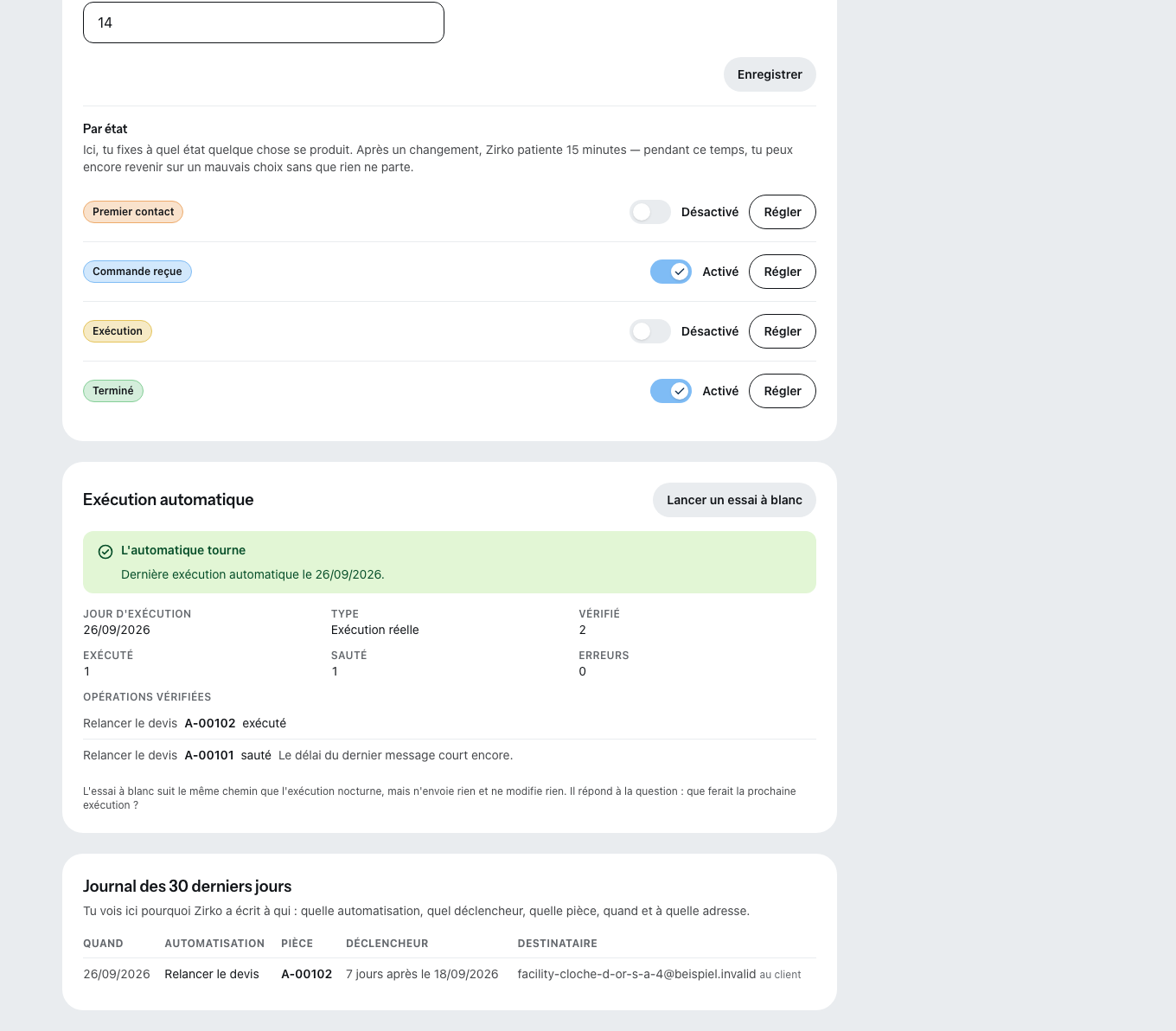 L'onglet « Automatisation » — un interrupteur par automation, en dessous le protocole des exécutions