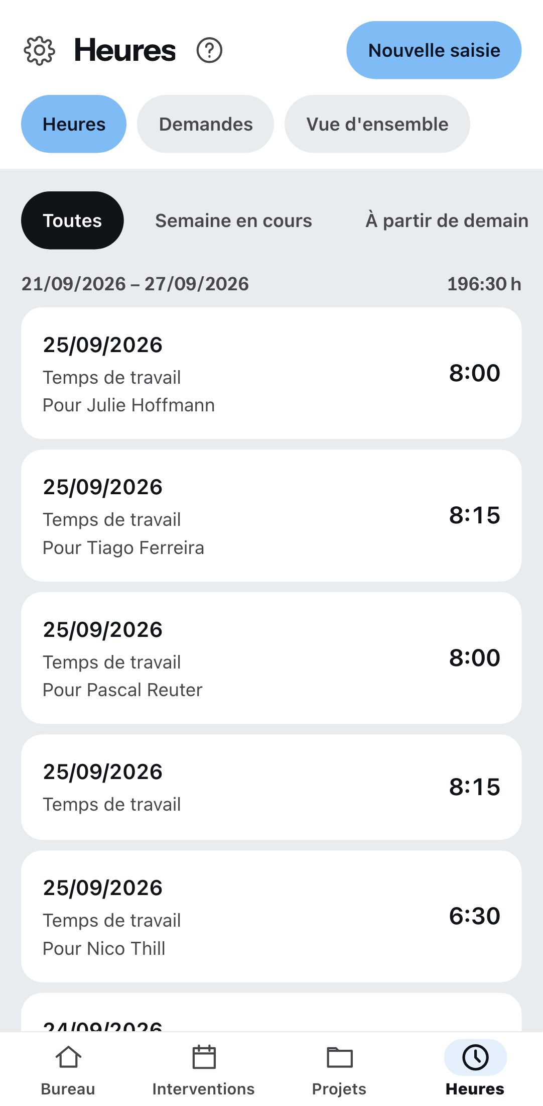 La saisie des heures sur le téléphone