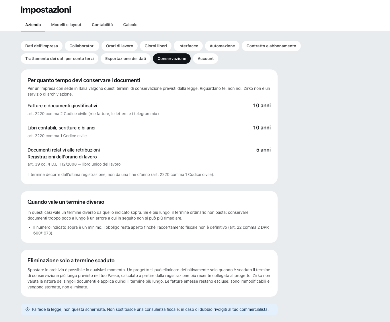 La sezione Conservazione: per ogni tipo di documento il periodo e la norma che lo stabilisce