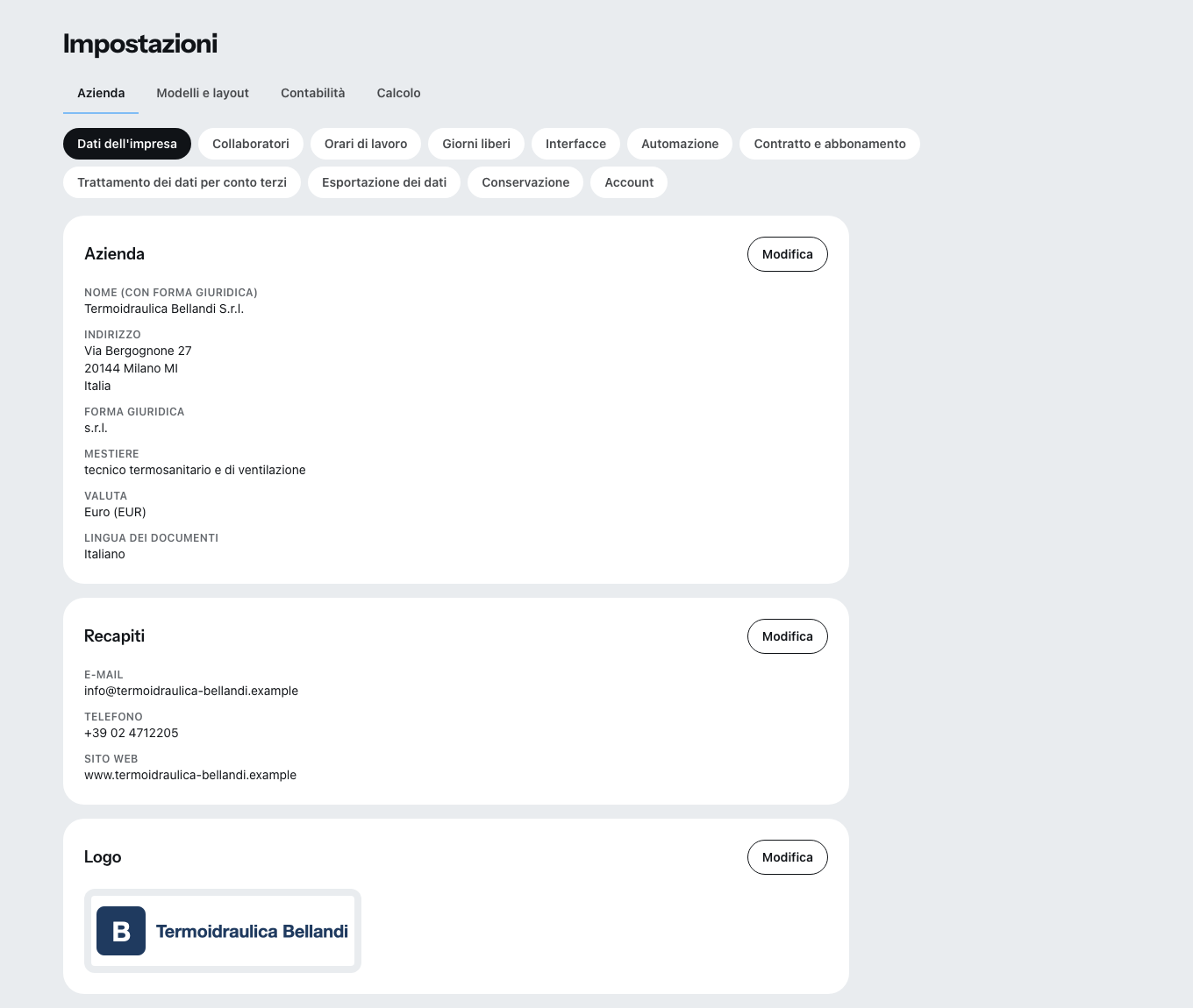 L'area delle impostazioni di Zirko