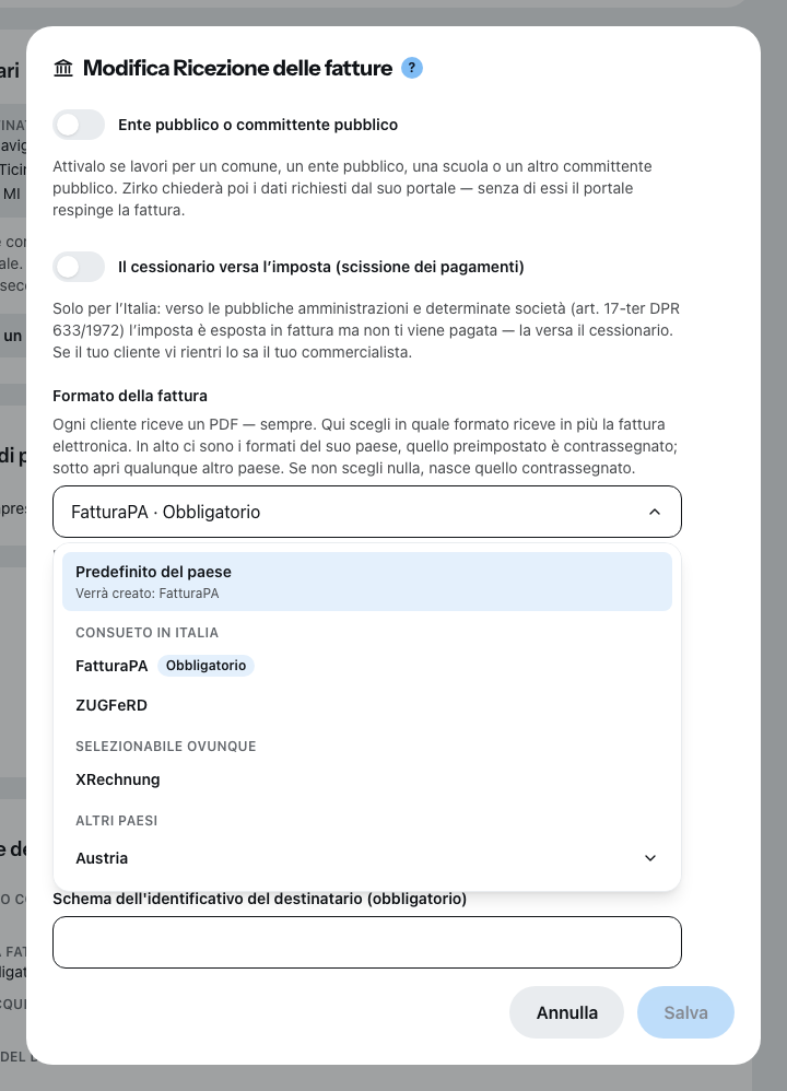 La scelta del formato aperta su un cliente