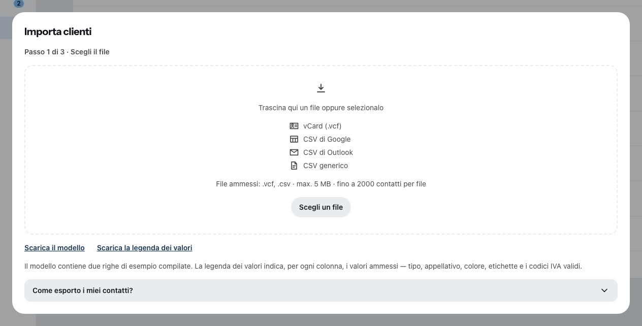La finestra Importa clienti al primo passo: Scegli il file