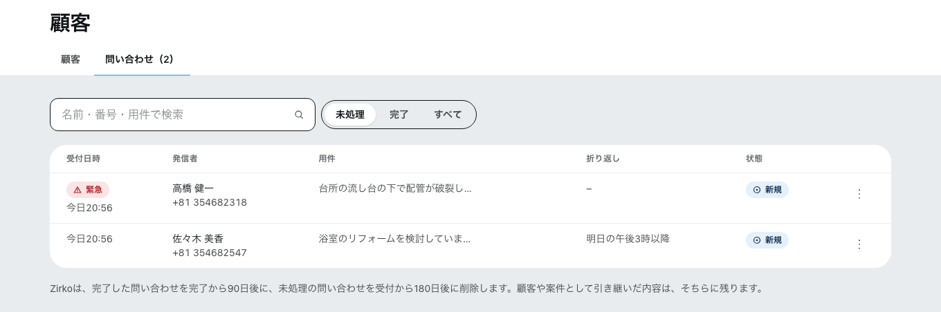 顧客の下の「問い合わせ」タブ。一番上に緊急の印が付いた問い合わせ、その下に折り返しを希望する問い合わせ。列は受付日時、発信者、用件、折り返し、状態