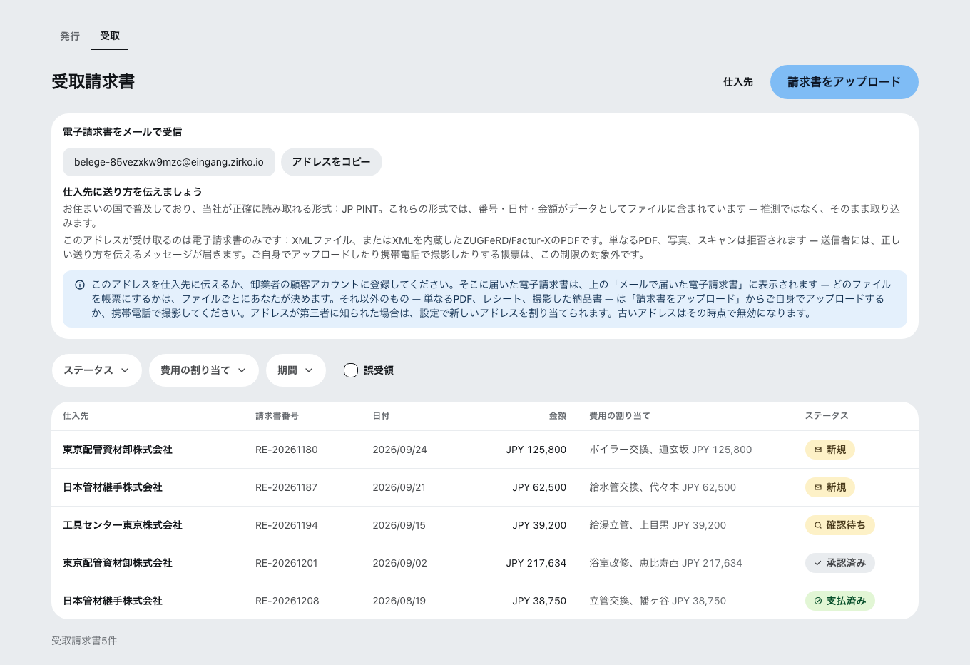 Zirkoの受取請求書