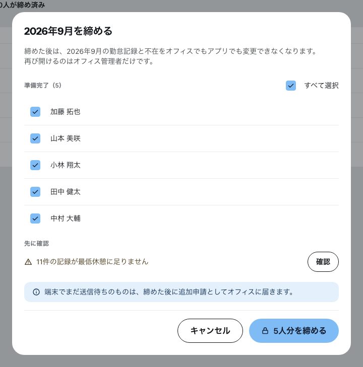 月を締めるダイアログ。「準備完了」に締められる人と「すべて選択」、その下に締めるボタン