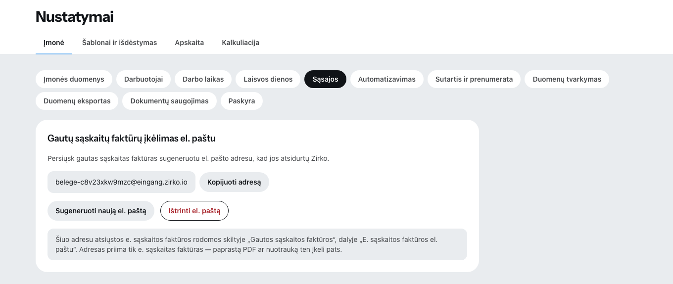 Skirtukas Sąsajos nustatymuose