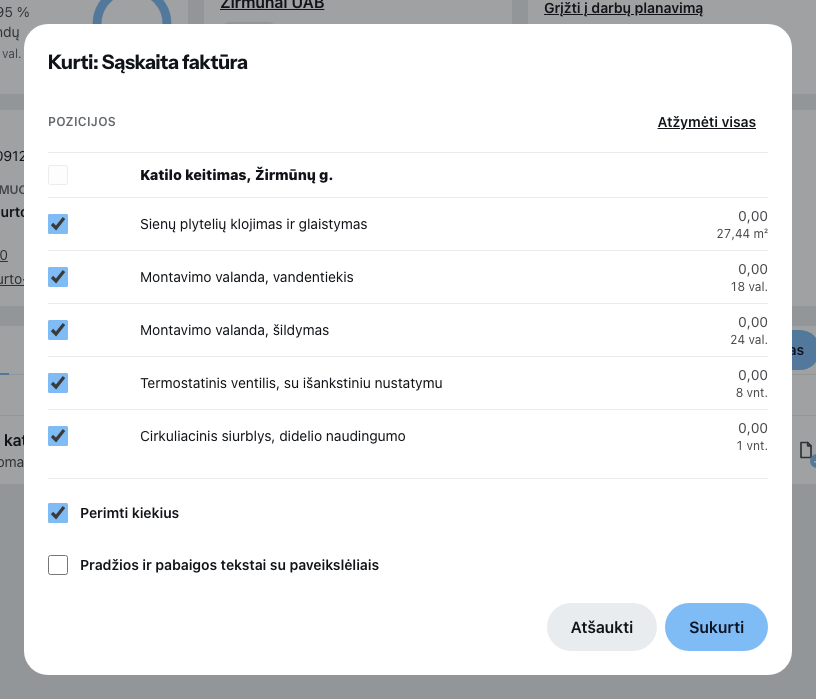 Sąskaitos faktūros kūrimo langas iš meniu Sukurti susijusį, su pozicijų pasirinkimu