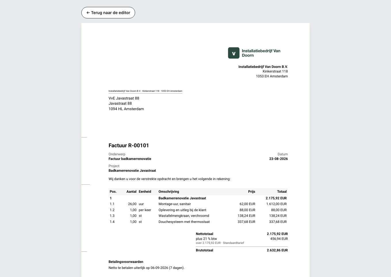 De voorbeeldweergave van het afgeronde document
