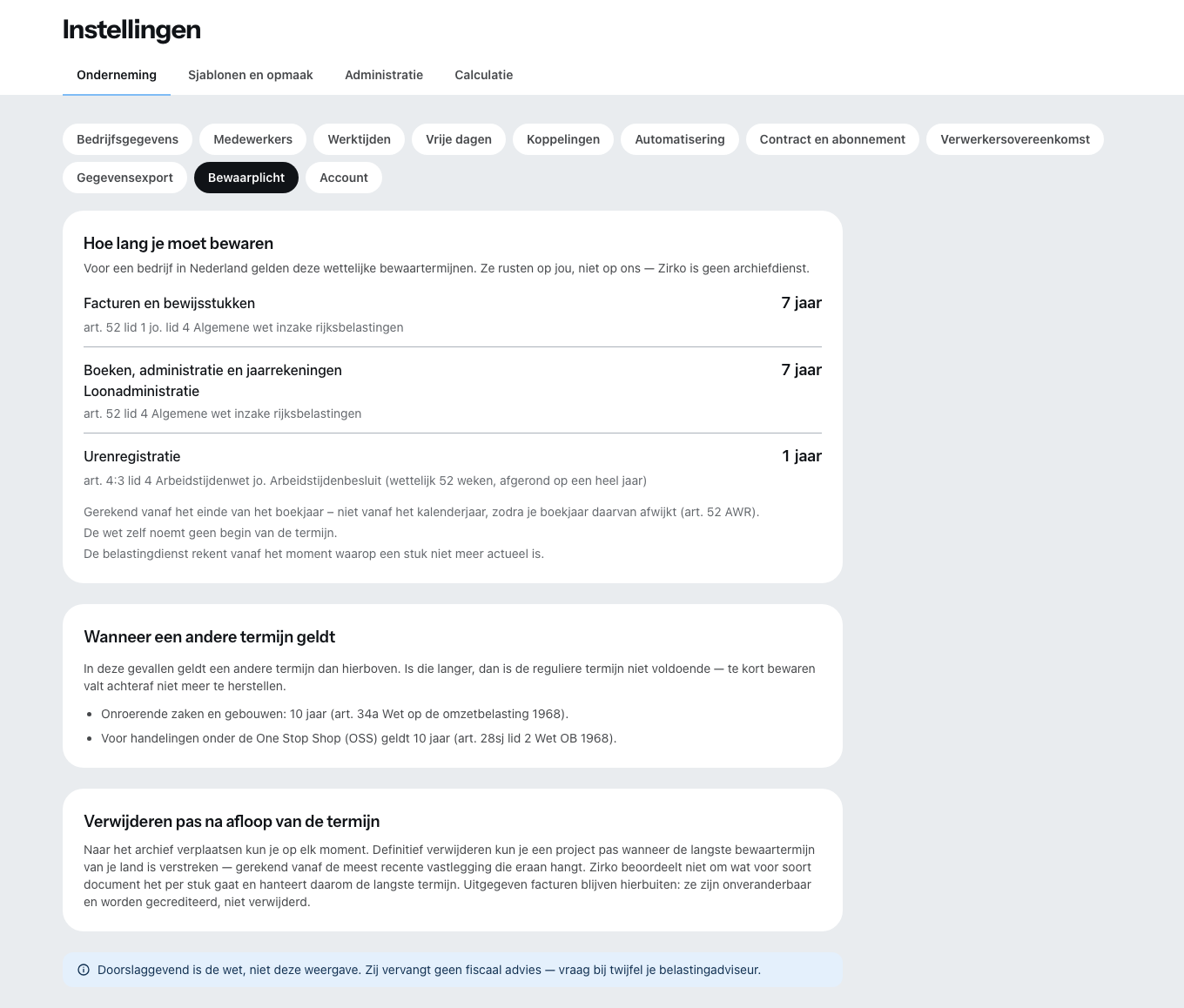 Het onderdeel Bewaarplicht: per soort stukken de termijn en de regel die hem voorschrijft