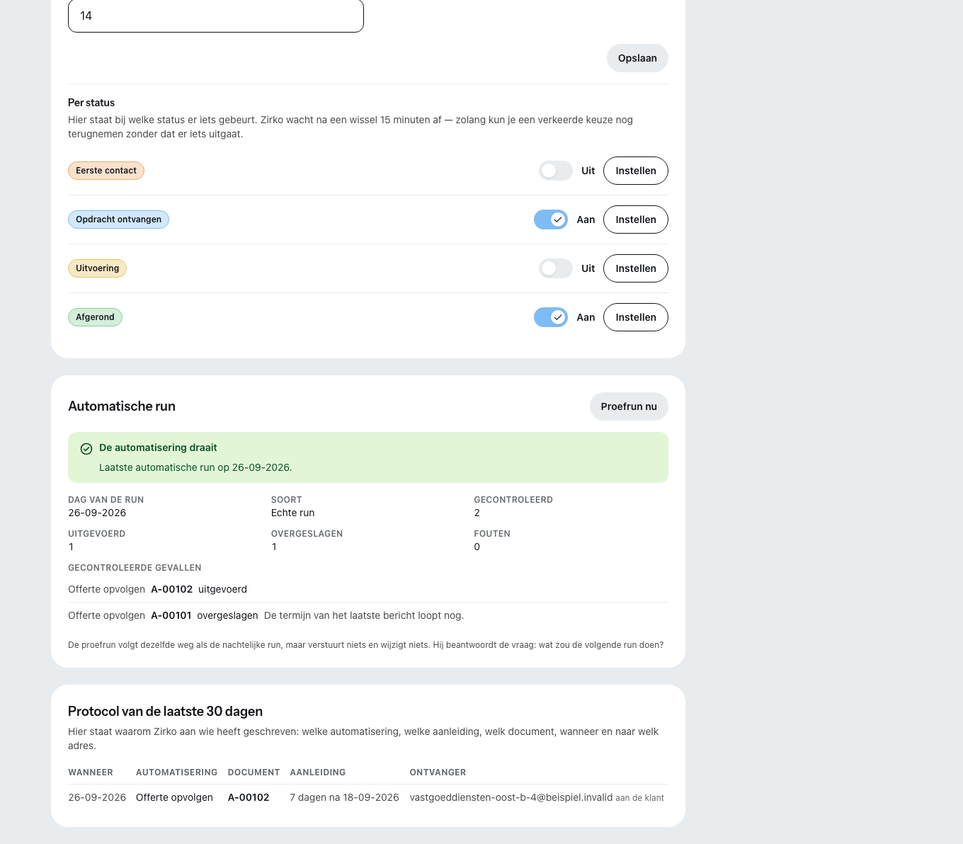 Het tabblad “Automatisering” — per automatisering een schakelaar, daaronder het protocol van de runs
