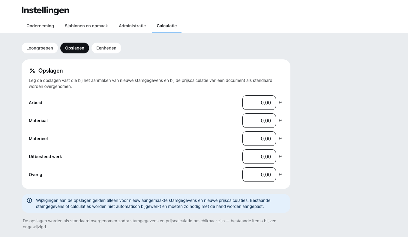 Het onderdeel Opslagen: per kostensoort een opslag in procenten