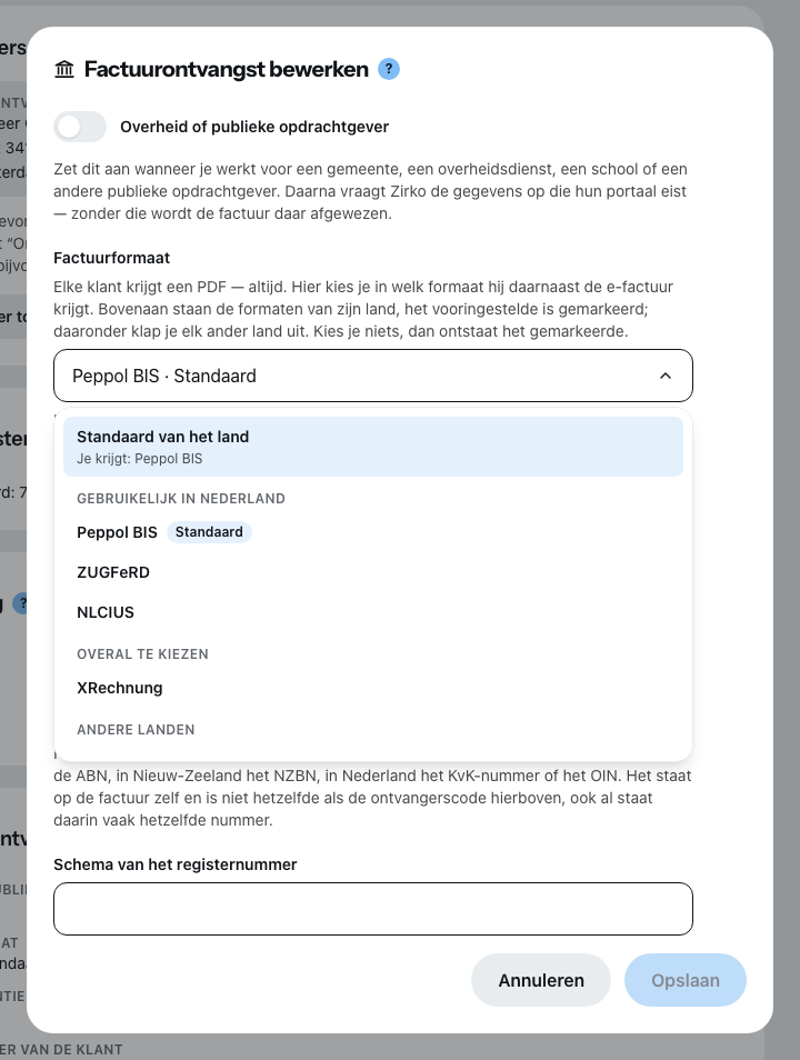 De uitgeklapte formaatkeuze bij een klant