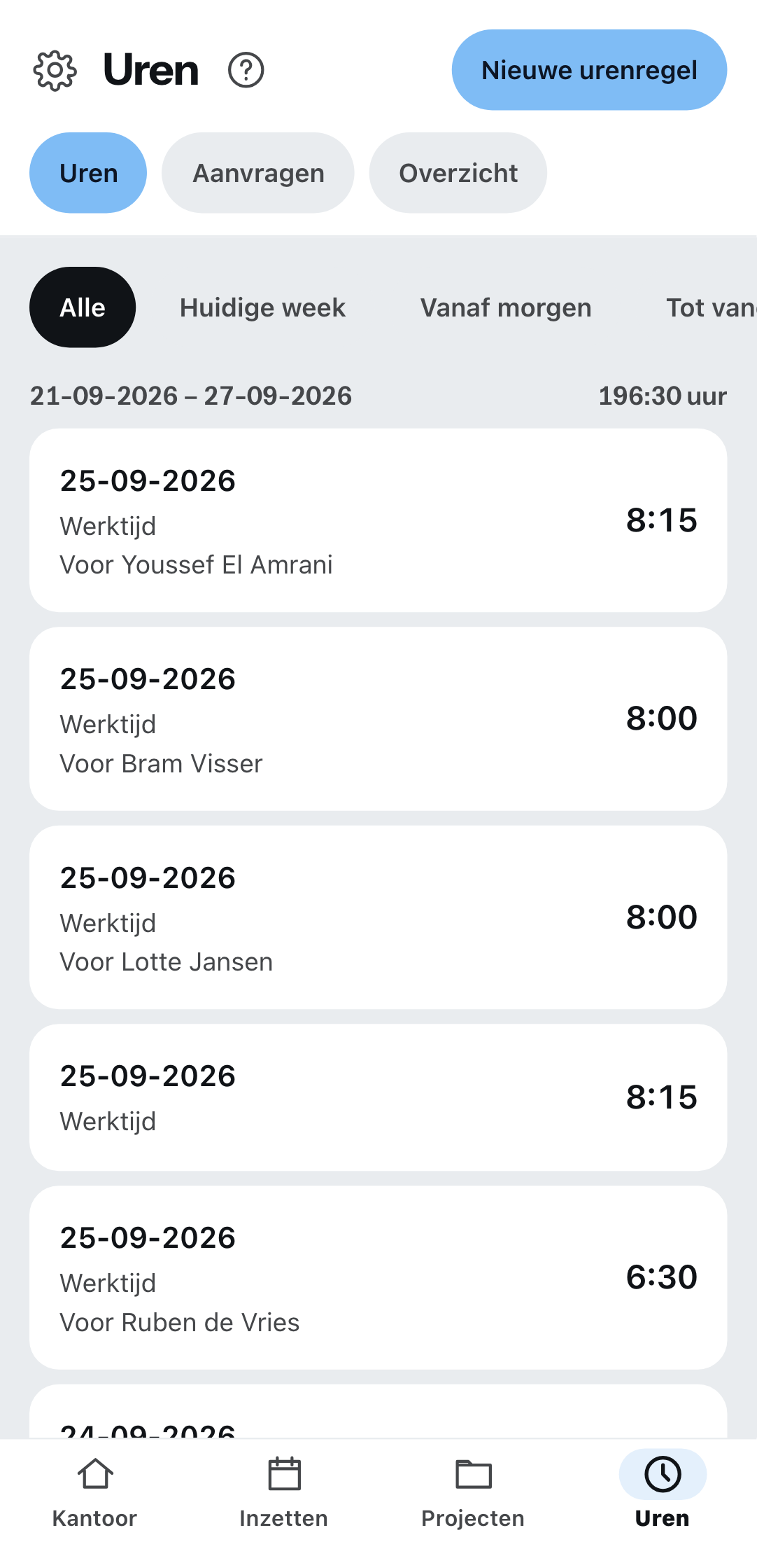 De urenregistratie op de telefoon
