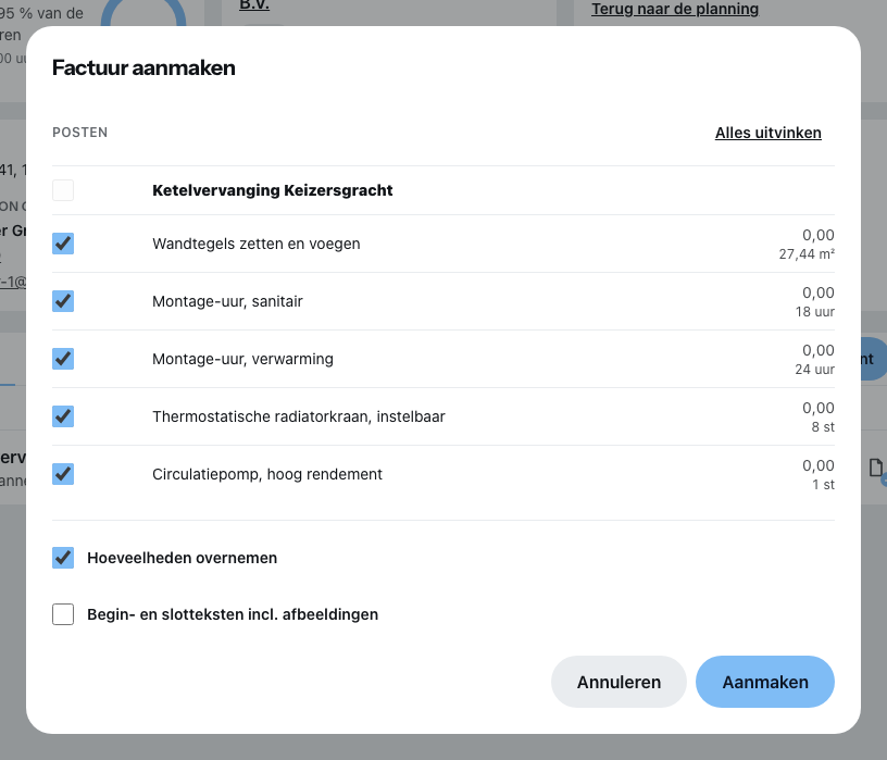 Het venster om een factuur aan te maken via Samenhangend aanmaken, met de keuze van de posten