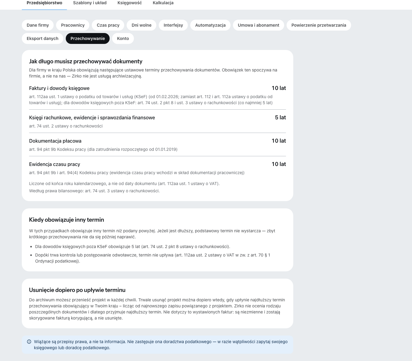 Sekcja Przechowywanie: dla każdego rodzaju dokumentów okres i przepis, który go określa