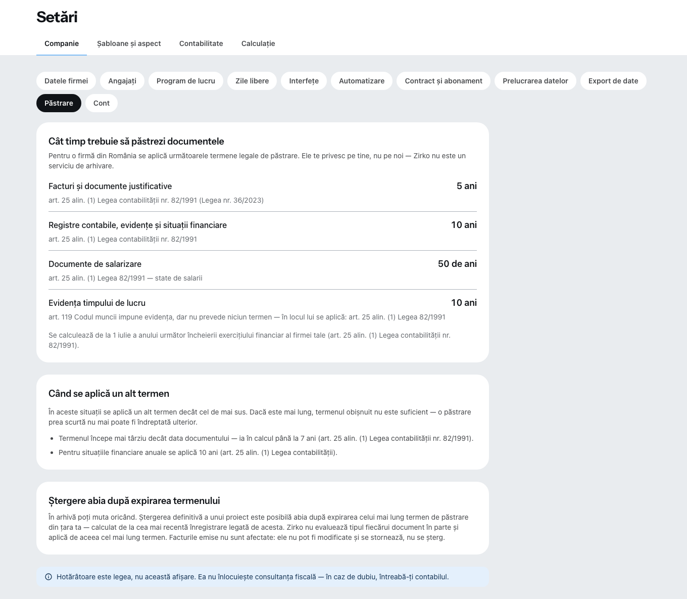 Secțiunea Păstrare: pentru fiecare tip de documente termenul și norma care îl stabilește