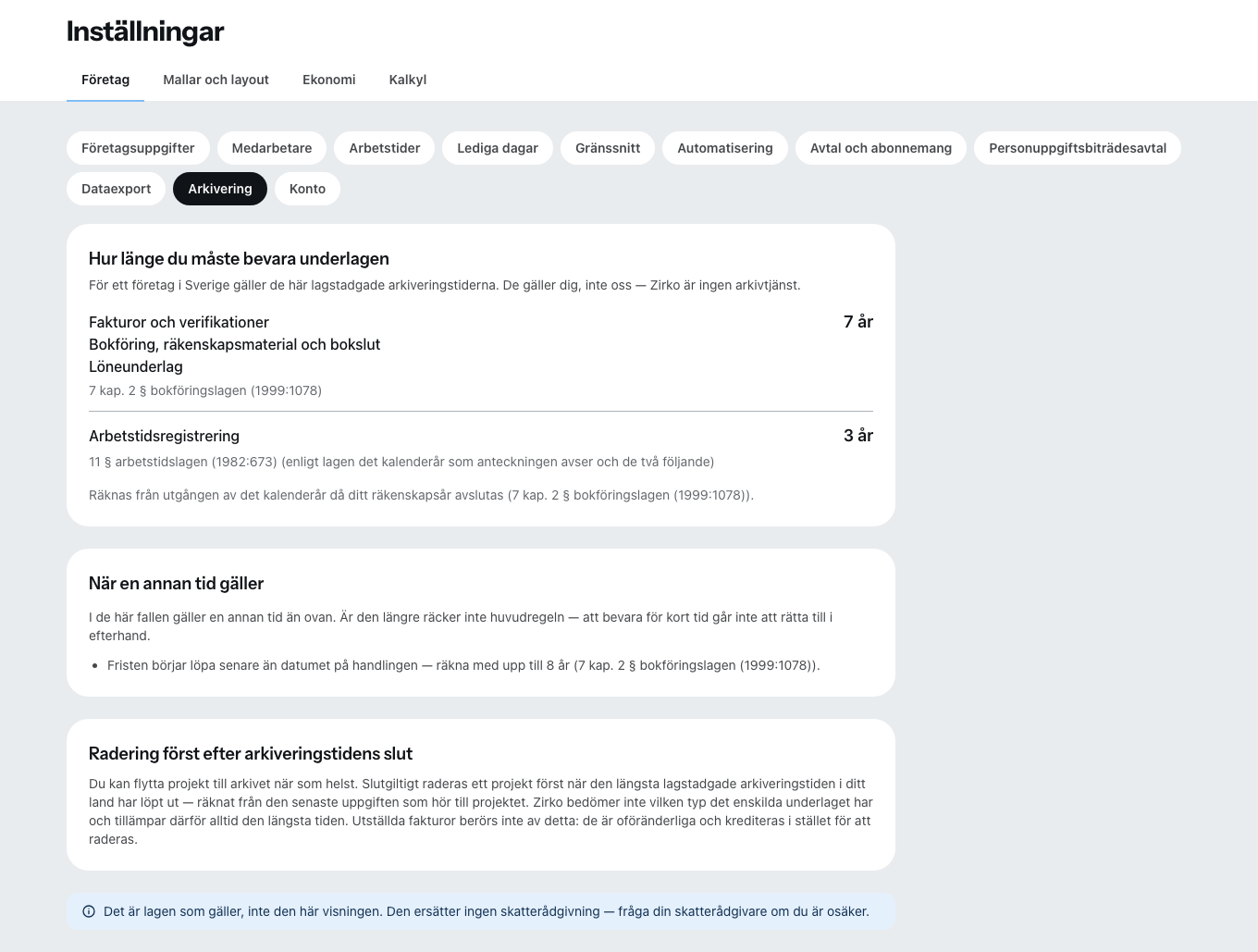 Avsnittet Arkivering: för varje slags underlag tiden och regeln bakom den